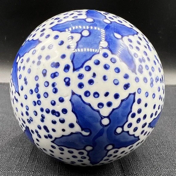 Floral Clay Ceramic Spheres (4). White Blue sizes 3”-4” diameter